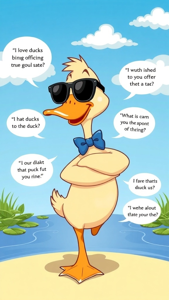 Humorous Duck Quotes A cartoon duck in sunglasses and a bow tie, smiling with funny quotes around it.